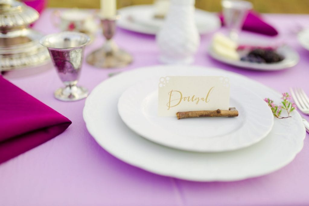 Dinner Salad Plate Rental with Namecard on Purple Tablecloth